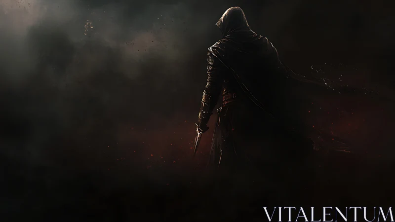 Hooded rogue stands in swirling shadow, poised for silent strike