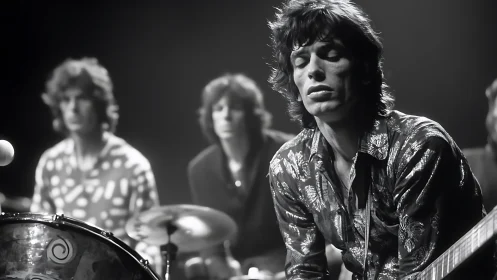 Moody rock guitarist in shimmering shirt on dim stage.