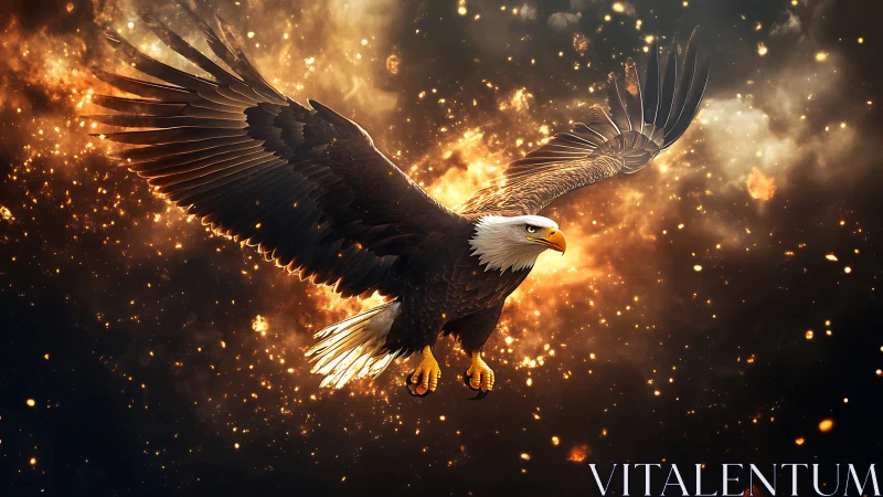 Majestic bald eagle soaring with fiery wings in dramatic digital art.