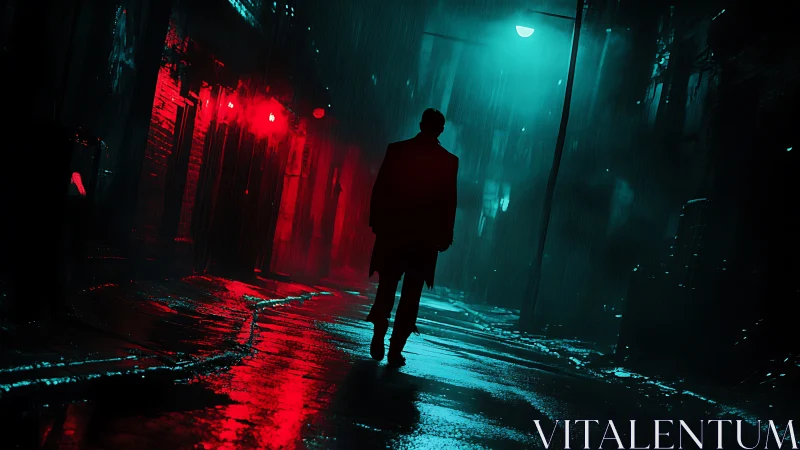 Noir silhouette in neon-soaked rainlit urban alleyway.
