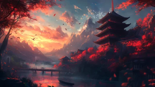 Sunset-illuminated pagoda valley with high-contrast atmospheric depth