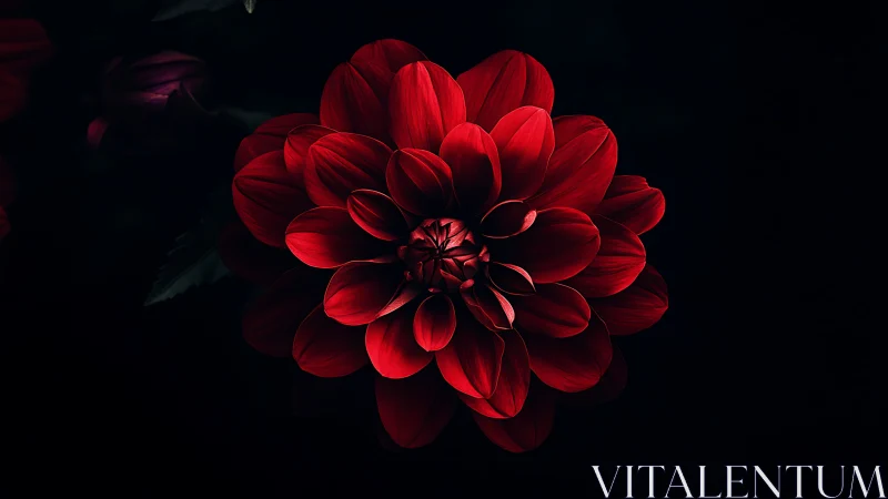 Deep Crimson Dahlia Bloom Against Pure Black Void With Dramatic Backlighting