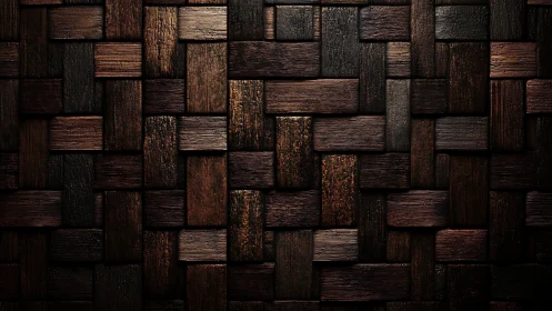 Dark wooden basketweave wall glows with subtle warm light