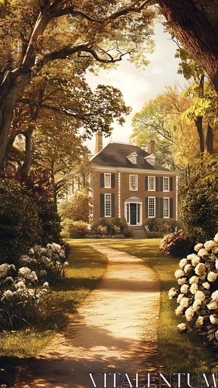 Sunlit colonial manor framed by lush autumn garden