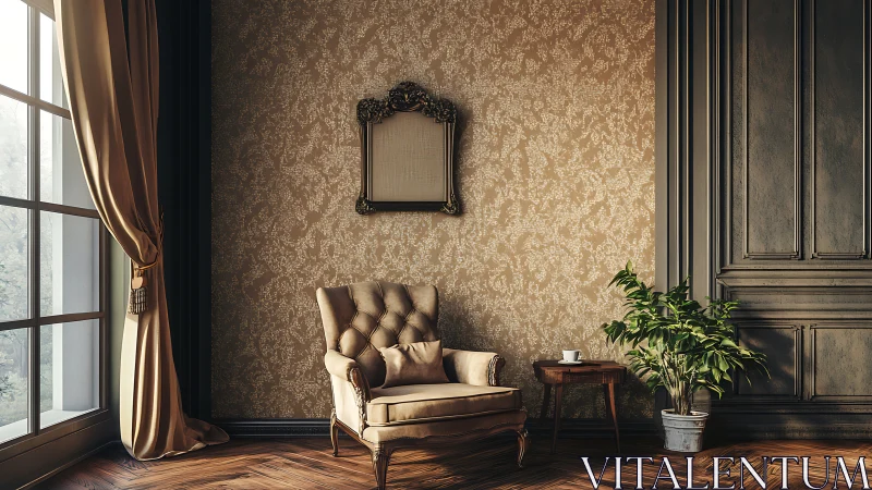 Vintage armchair sits beside plant in softly lit room
