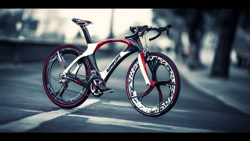 High-performance red and black road bike with carbon wheelset displayed on urban asphalt