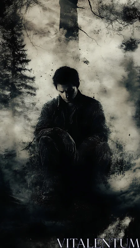 Moody digital painting of solitary figure in abstract forest haze.