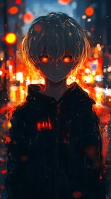 Luminous-eyed youth in embers amid neon city nightscape.