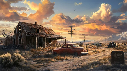 Desert homestead ruin with vintage cars under sunset sky.