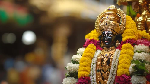 Golden Hindu deity statue amid vibrant temple garlands.