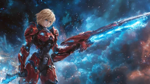 Cybernetic space warrior with luminous energy blade poised.