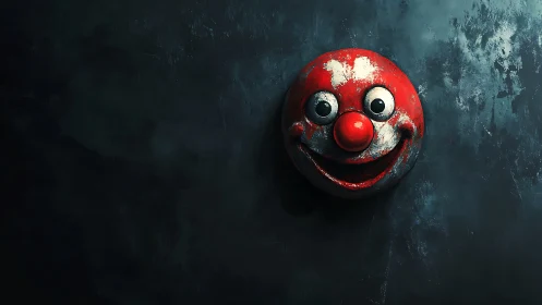 Weathered red clown mask grins against a dark wall.