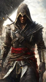 Storm-swept hooded warrior strides forward with quiet resolve