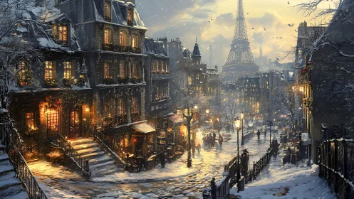 Snowy Paris street glows with golden winter evening warmth