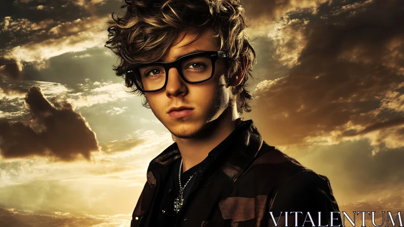 Cinematic male portrait with backlit clouds and warm rim light.