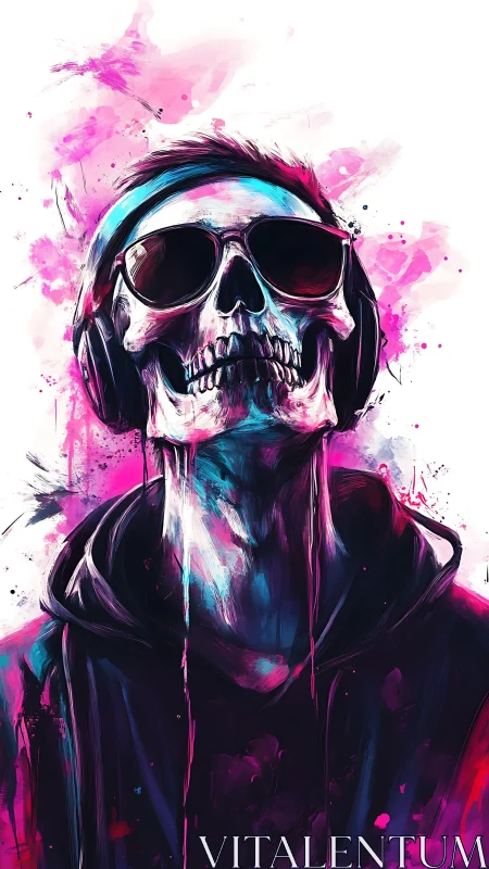 Neon skull in shades and headphones riding a color storm.