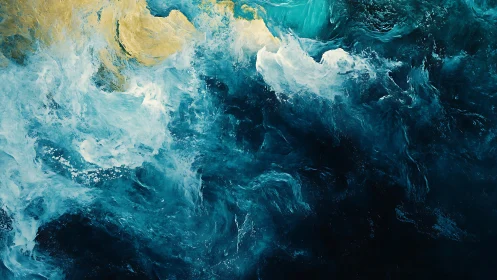Abstract aerial seascape renders turbulent cyan and gold currents