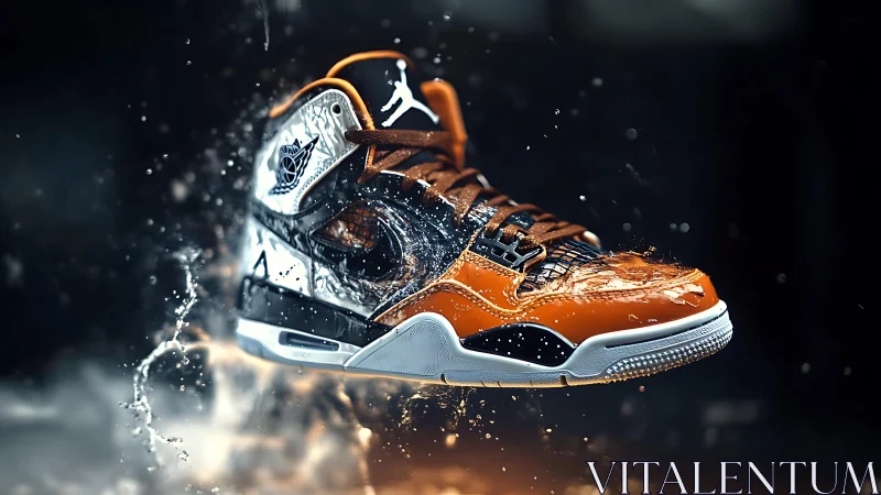Orange black basketball sneaker floats through splashing water