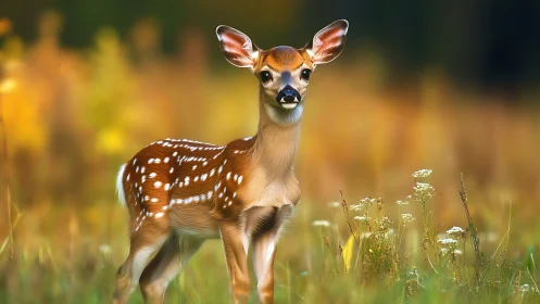 Young spotted fawn stands in tall grass against blurred field