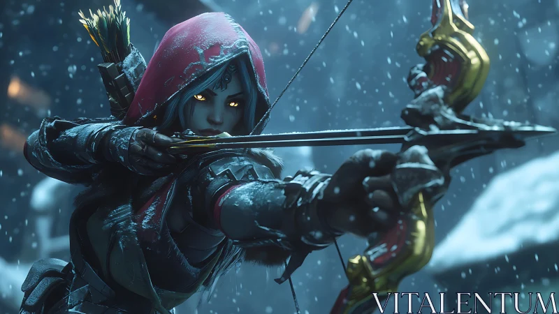Winter huntress draws a glowing bow in swirling snowfall.