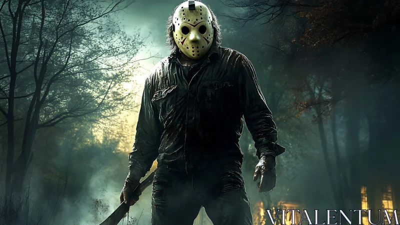 Masked night stalker prowls fog-swirled forest edge.