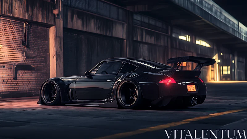 Modified black sports coupe in dim industrial alleyway.