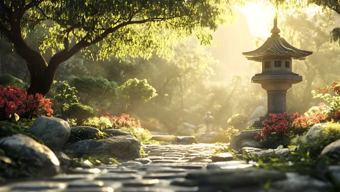 Sunlit stone lantern guarding a dream-bright garden path.