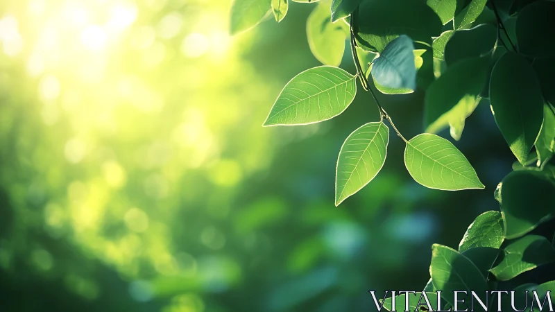 Green tree leaves with bright sunlight and blurred foliage.