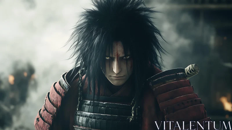 Dark-haired armored warrior faces camera amid drifting smoke