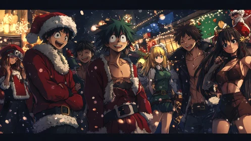 Anime holiday street scene with multi-character festive costuming