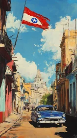 Sunny old town street with blue classic car and bright flag.