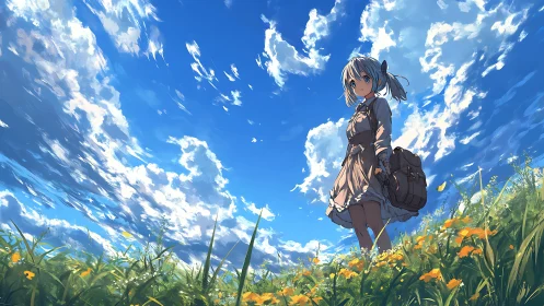 Sky trail dreamer girl wandering through wildflower winds.