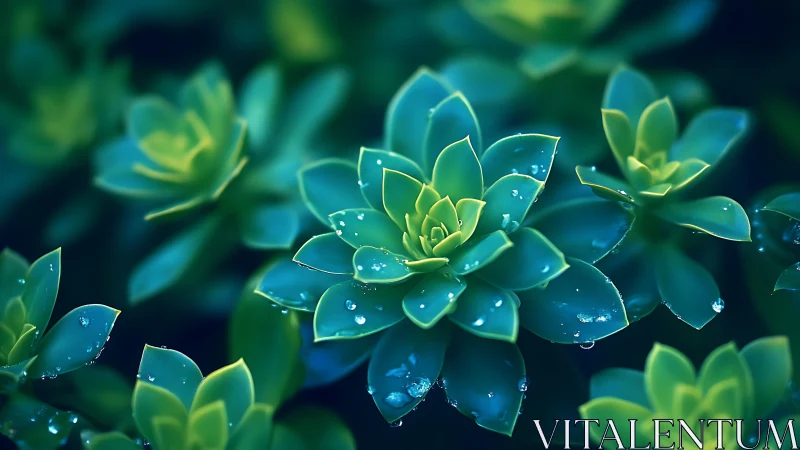 Emerald succulents glow with dewdrops in soft morning light.