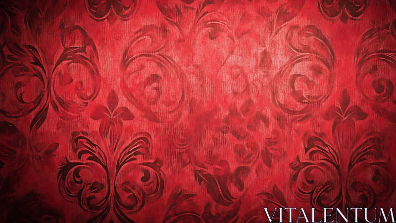 Red baroque damask wallpaper with ornate floral scrolls.