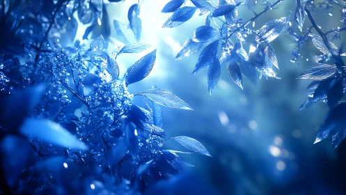 Backlit blue foliage forms ethereal botanical light study
