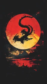 Two-headed dragon silhouette over grunge blood moon.