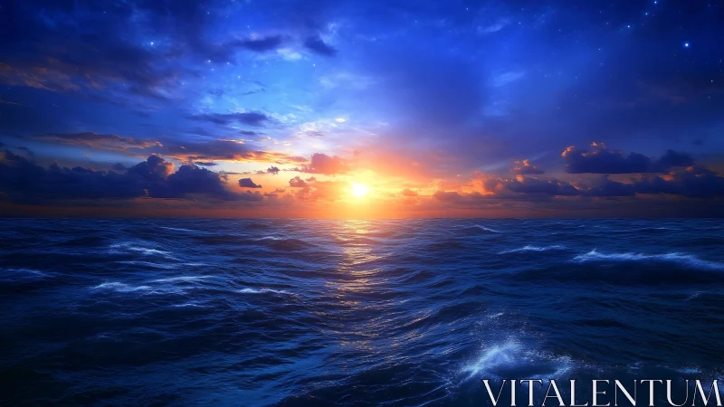 Radiant ocean sunset unfolds beneath a deep twilight sky.