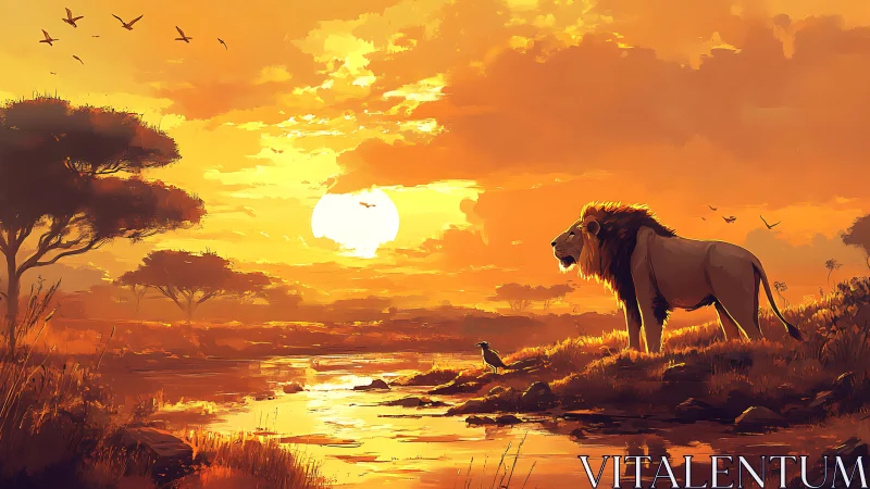 Sunstruck savanna monarch pauses at a river of fire.