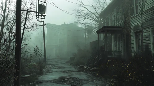 Foggy abandoned residential street with overgrown houses.