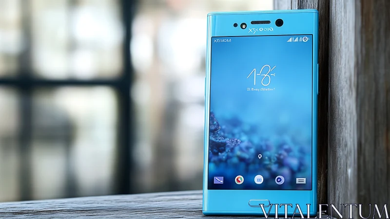 Blue smartphone with 1:43 PM display time against blurred outdoor backdrop.