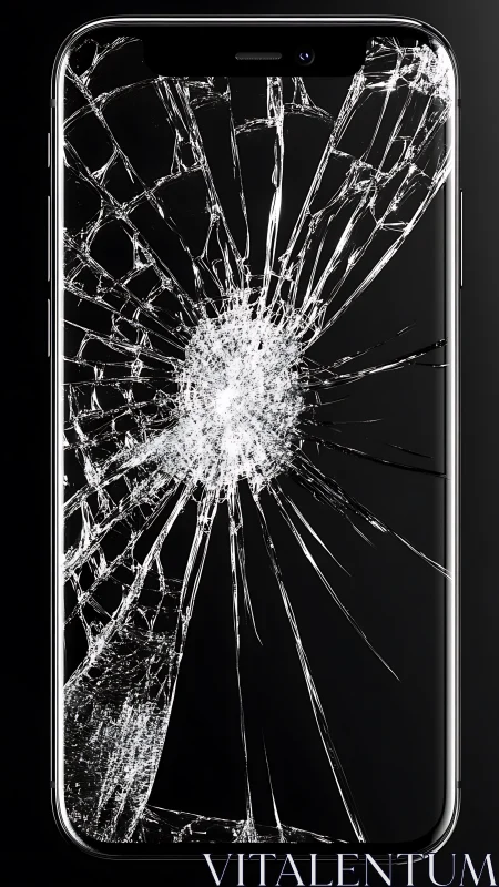 Photorealistic smartphone with radially fractured glass surface.