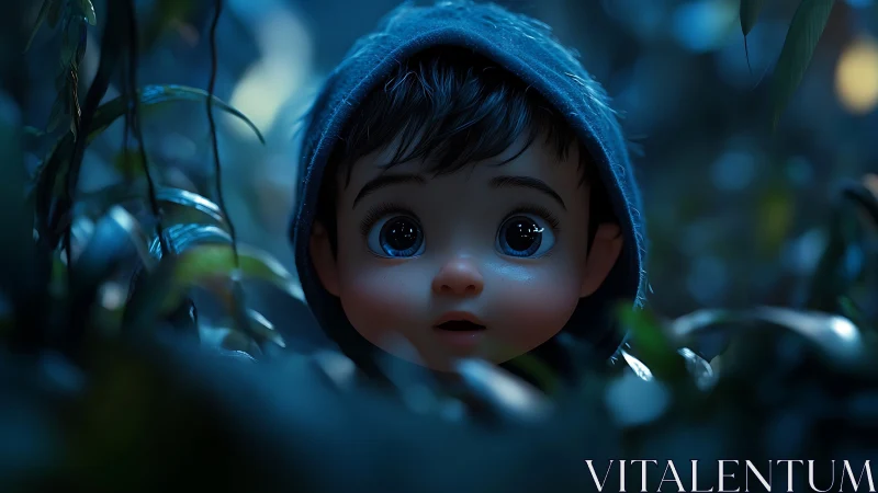 Wide-eyed child in blue hood explores misty moonlit forest.