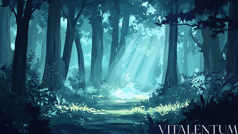 Sunlit Forest Path with Atmospheric Light Rays