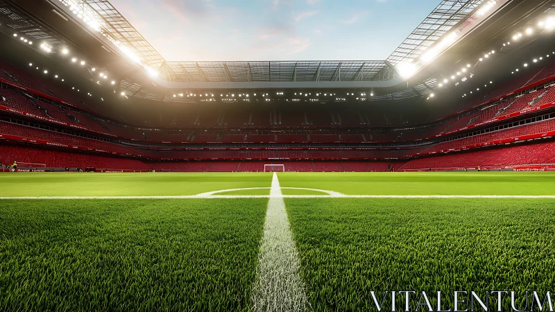 High-capacity football stadium with symmetric pitch and LED lighting