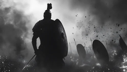 Armored warrior advancing through smoky monochrome battlefield.