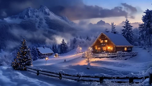 Snow-covered mountain cabins display warm interior lighting at dusk