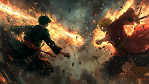 Dual elemental swordsmen locked in explosive anime clash.
