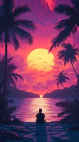 Vibrant tropical sunset with silhouetted figure in saturated palette