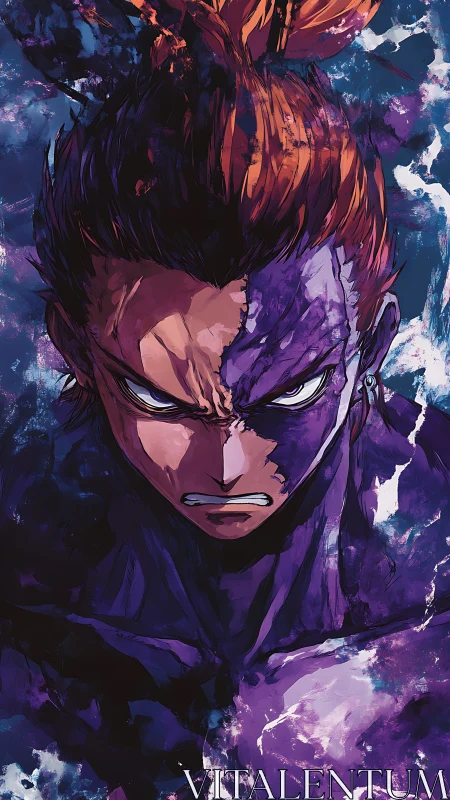 Dual-toned anime portrait of intense male character front view.