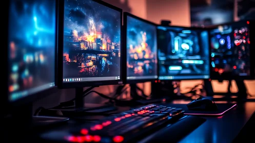 Neon lit gaming desk with cinematic city screens aglow.